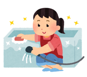 新築住宅の浴室を簡単なお掃除洗剤で洗う様子を描いたイラスト