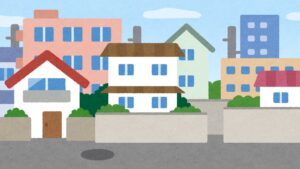 豊橋市の街並みに新築住宅が並ぶデザイナー風の家のイラスト