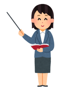 ビジネススーツを着た女性が指し棒と本を使って説明している様子