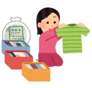 整理収納の基本として衣類を片づける子どもの様子を描いたイラスト